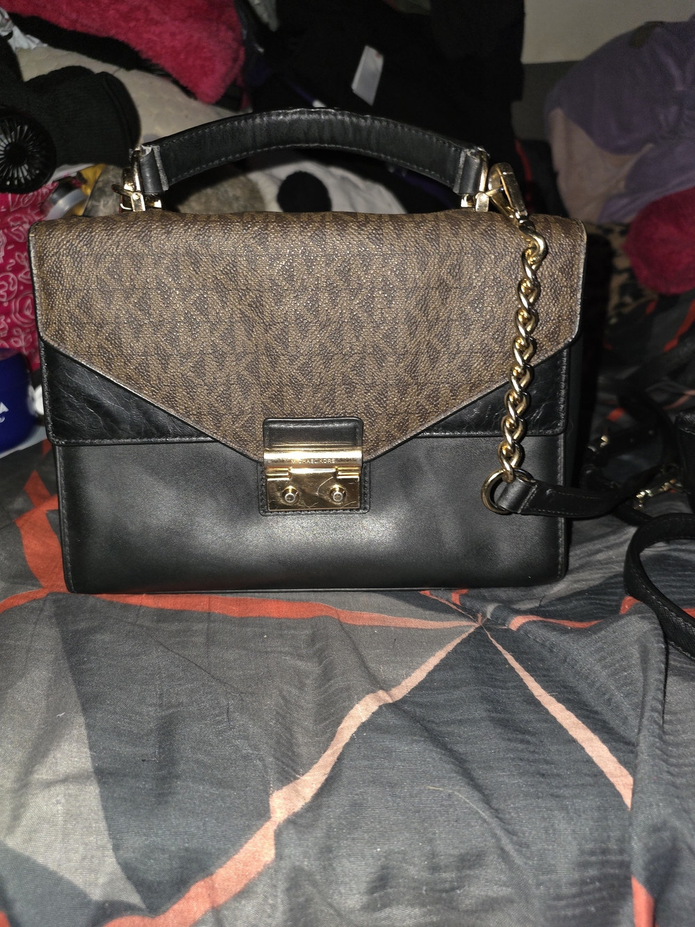 Michael Kors Black Leather and Brown Logo Satchel with Gold Chain